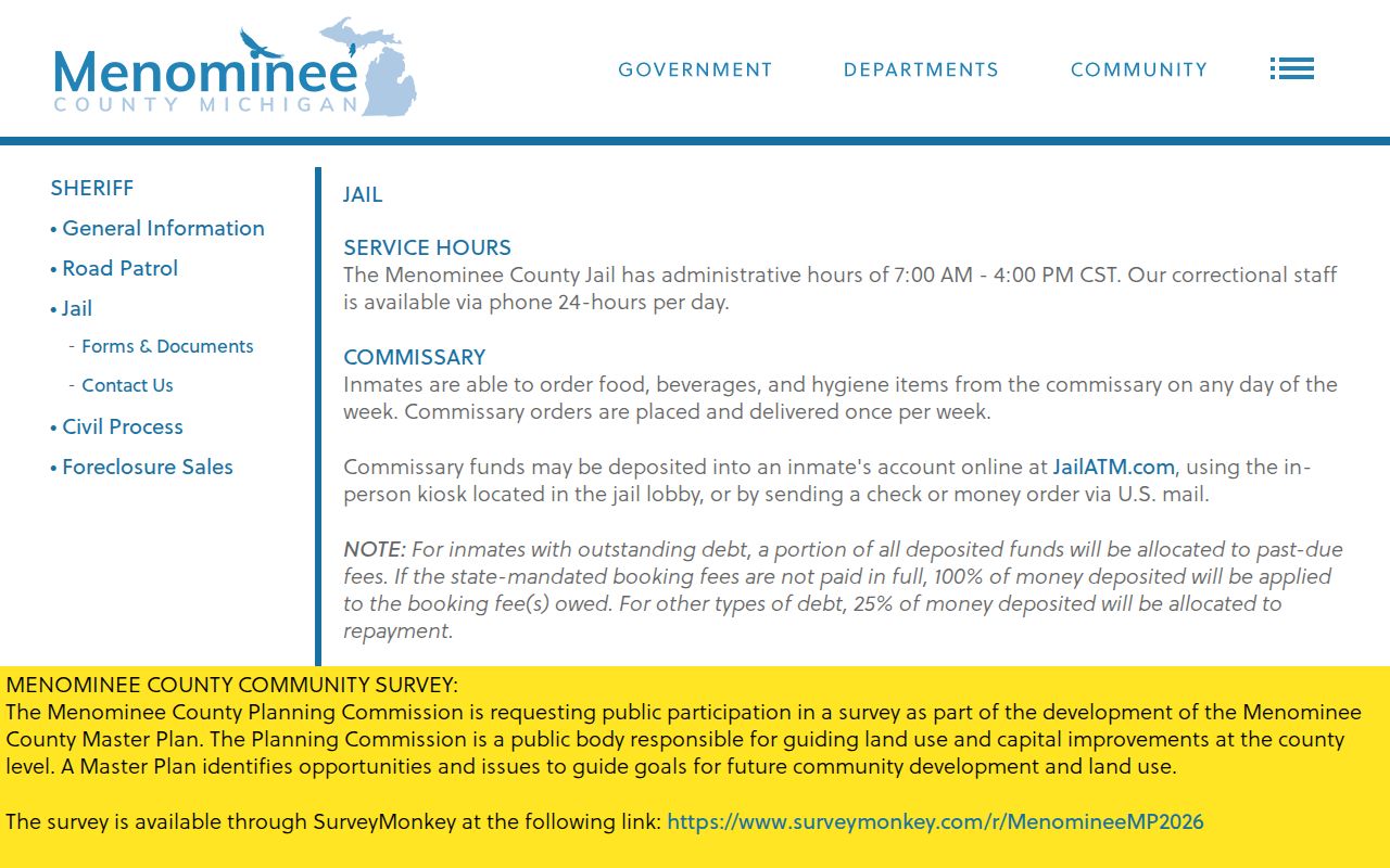 Menominee County Jail booking and arrest custody services