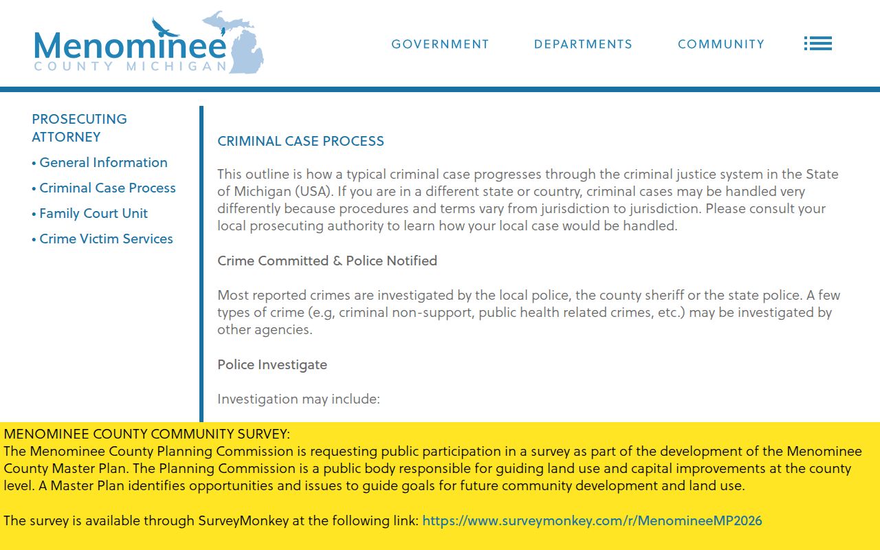Menominee County criminal case process from complaint to sentence