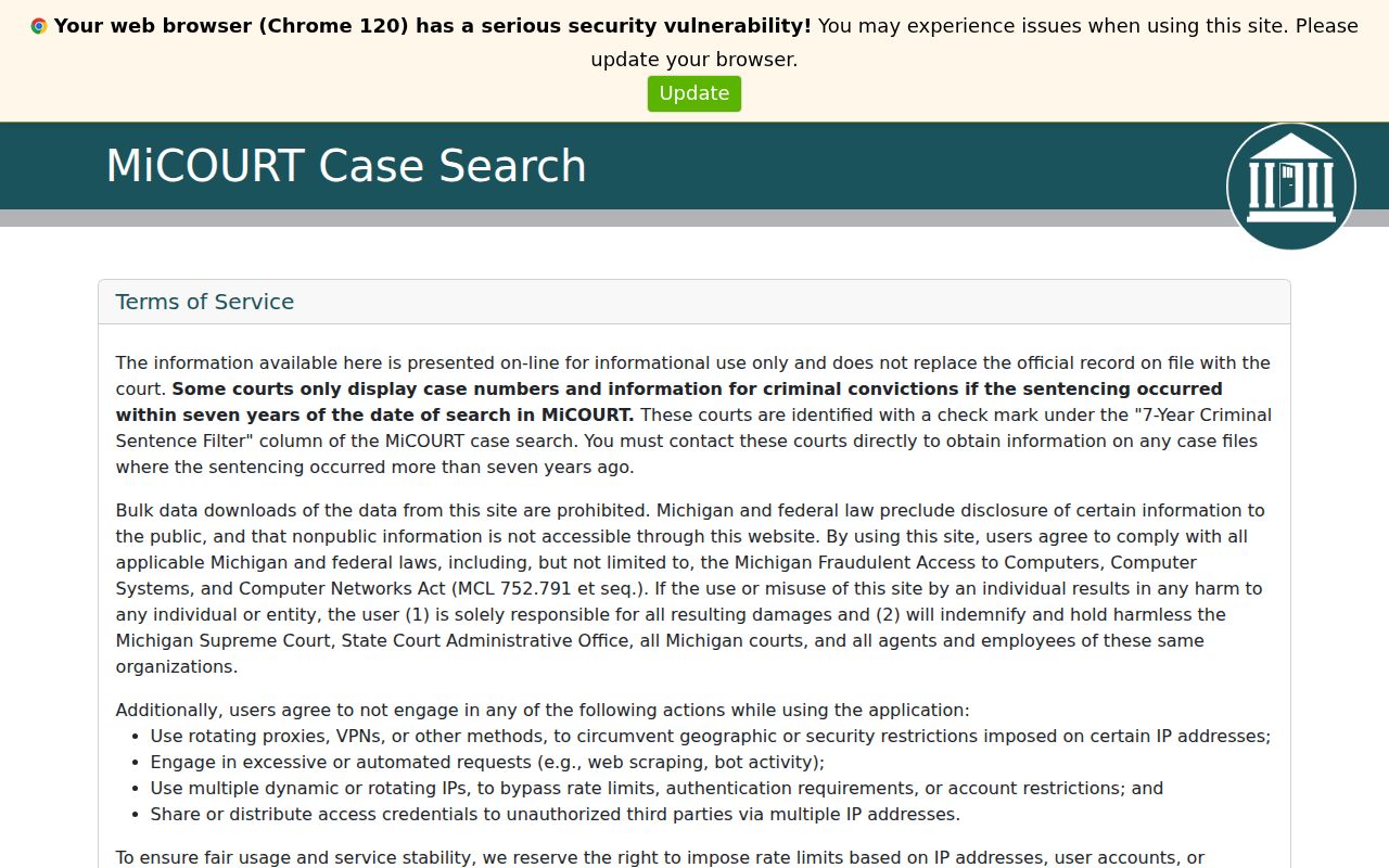 Menominee County criminal case search in the MiCOURT court selector