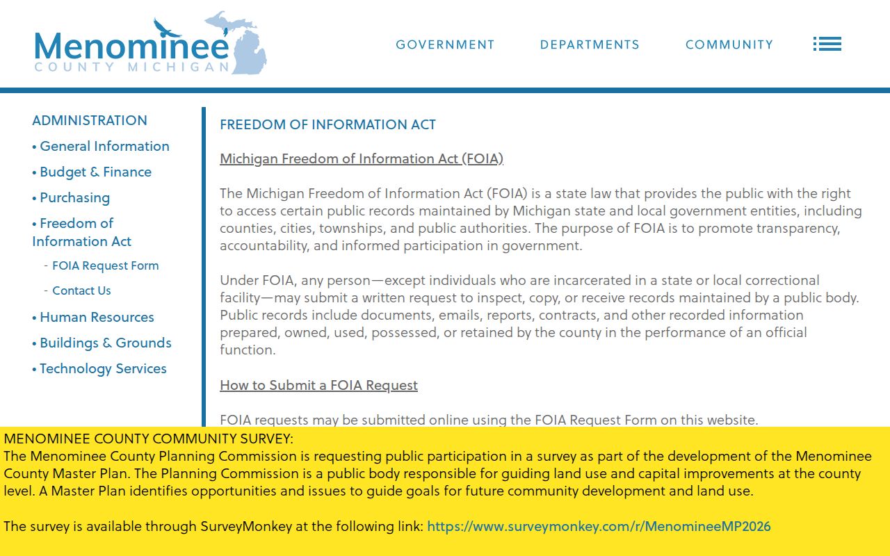 Menominee County criminal report FOIA request instructions